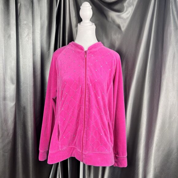 VTG‎ Y2K Quacker Factory Size L Velour Track Suit Rhinestones Jacket Pants Pink - Picture 3 of 15